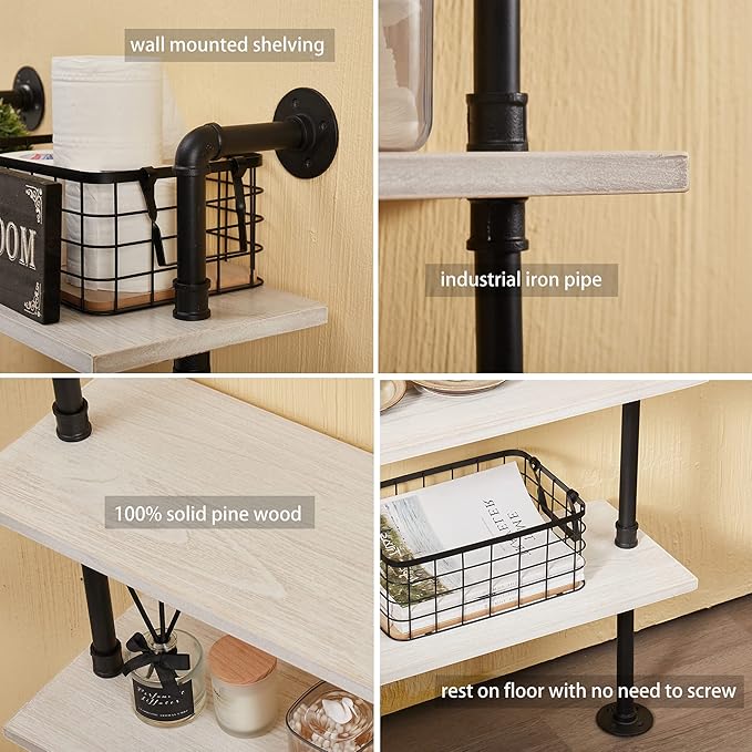6 Tier Industrial Ladder Shelf Bookcase, Wall Mounted Rustic Bookshelf for Living Room Decor and Storage (White, 6 Tier - 10" D x 36" W x 82.5" H)