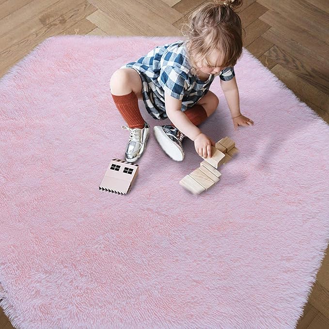 junovo Ultra Soft Rug for Nursery Children Room Baby Room Home Decor Dormitory Hexagon Carpet for Playhouse Princess Tent Kids Play Castle, Diameter 4.6 ft, Pink