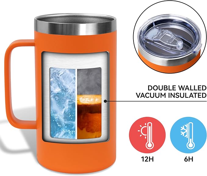 DOMICARE 24oz Mug with Handle and Lid, Stainless Steel Coffee Mug, Reusable Insulated Cup, Travel Mug with Handle, Double Wall Vacuum Coffee Tumbler for Men and Women, Orange, Pack 1
