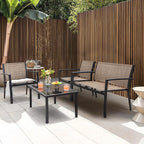 Greesum 4 Pieces Patio Furniture Set Outdoor Conversation Textilene Fabric Chairs for Lawn, Garden, Balcony, Poolside with A Glass Coffee Table, Beige