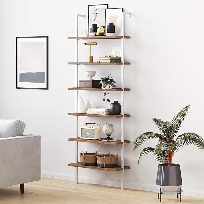 Nathan James Theo 6-Shelf Tall Bookcase, Wall Mount Bookshelf with Natural Wood Finish and Industrial Metal Frame, Rustic Oak/White