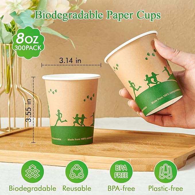 ECOLipak 300 Count Compostable Paper Cups, 8 oz Biodegradable Disposable Paper Coffee Cups with PLA Lined, Eco friendly Hot Drinking Cups for Party, Picnic,Travel,and Events