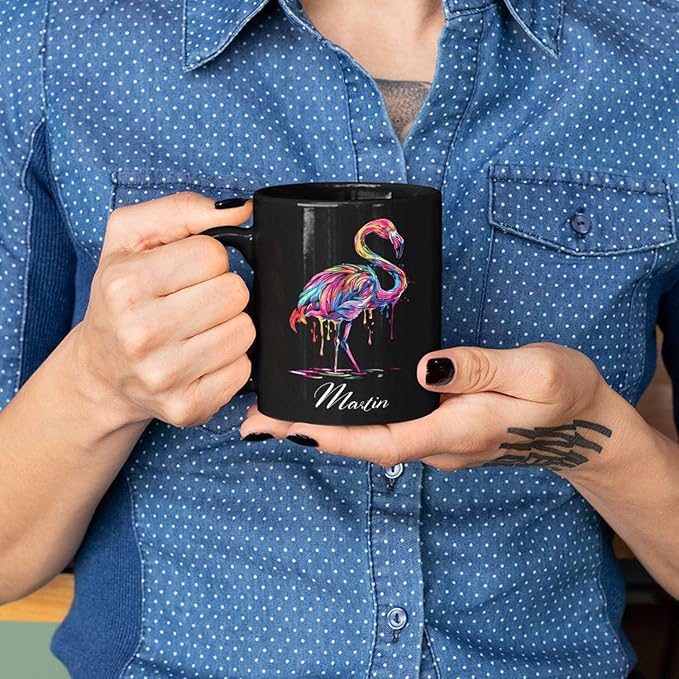 Beautiful Flamingo Animal Mug, Customized Name Flamingo Coffee Cup, Personalized Flamingo Lover Black Mug, Gift For Girlfriend, Colorful Animal Cup, Custom Flamingo Ceramic Cup 11oz 15oz