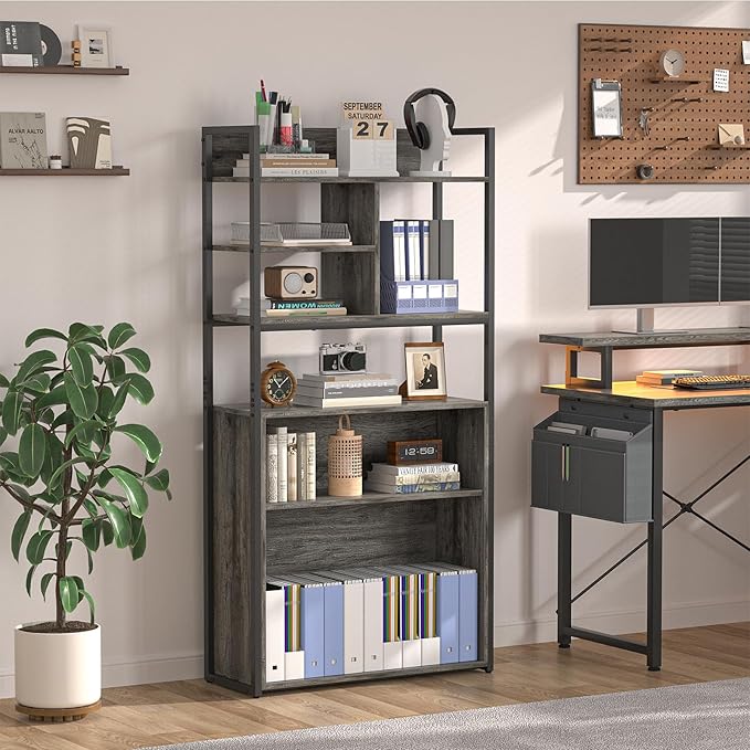 armocity Industrial Bookshelf, 6 Tier Tall Bookshelves Wood Metal Frame Standing Bookcase, Display Book Shelf with Adjustable Storage Shelves for Home Office, Living Room, Bed Room, Grey Oak