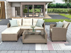 6 Piece Patio Furniture Rattan Outdoor Sectional Conversation Sets, Dining Table Chair with Bench and Cushions for Backyard, Pool, Lawn, O-Beige