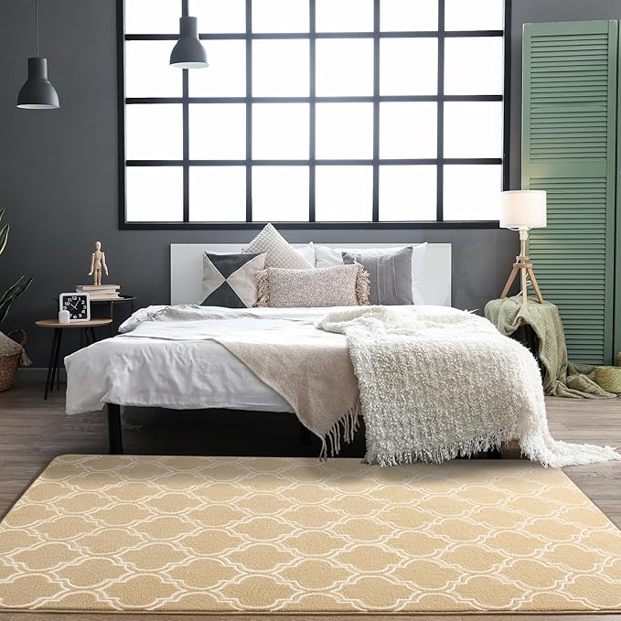 Chicrug Shag Geometric Modern Area Rug for Living Room, 3x5 Feet Large Memory Foam Indoor Carpet, Fluffy Rug for Bedroom Bedside Room Decor for Family Girls Kids Nursery, Beige/White