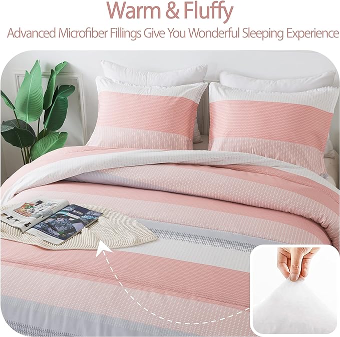 Andency Stripe Comforter Set Full Size (79x90 Inch), 3 Pieces Pink Patchwork Striped Comforter, Soft Microfiber Down Alternative Comforter Bedding Set with Corner Loops