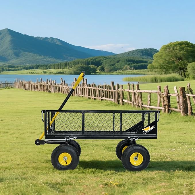 900 lbs Steel Garden Cart, Heavy Duty Yard Utility Wagon with 10" Pneumatic Tires, Removable Mesh Sides and 180° Rotating Anti-Slip Handle