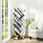 10 Tier Tree Book Shelf, Floor Standing Wood Bookshelf for Narrow Space, Storage Organizer Bookshelves for Books/CDs/Magazine, Bookcase with Shelves for Home Office, Living Room - Brown