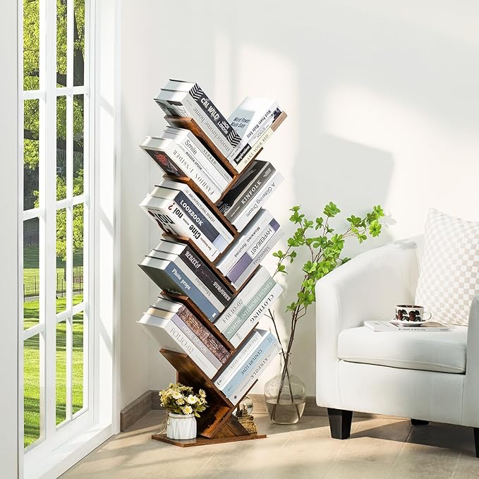 10 Tier Tree Book Shelf, Floor Standing Wood Bookshelf for Narrow Space, Storage Organizer Bookshelves for Books/CDs/Magazine, Bookcase with Shelves for Home Office, Living Room - Brown
