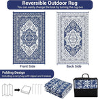 GAOMON Large Outdoor Plastic Straw Rug 10x14 Waterproof Patio Rug Reversible Foldable Portale Camping Mat with Stakes & Bag, Vintage Boho Outside Carpet for RV Garden Deck Porch, Navy