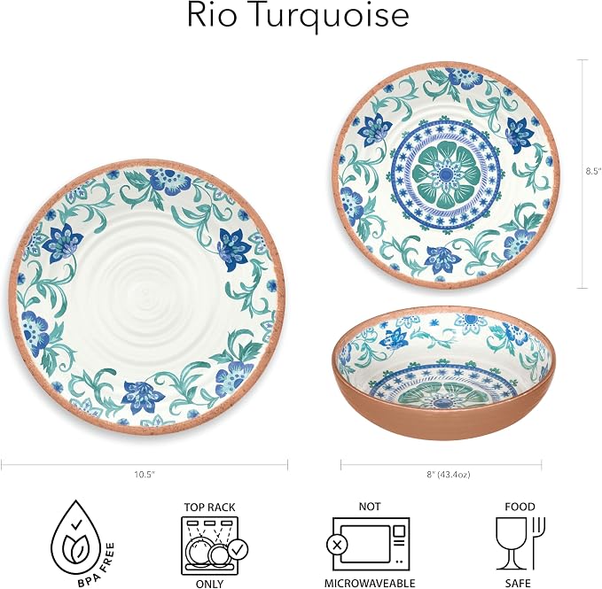 TarHong Rio Turquoise Floral Salad Plate, 8.5", Melamine, Set of 6