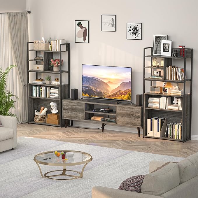 armocity Industrial Bookshelf, 6 Tier Tall Bookshelves Wood Metal Frame Standing Bookcase, Display Book Shelf with Adjustable Storage Shelves for Home Office, Living Room, Bed Room, Grey Oak