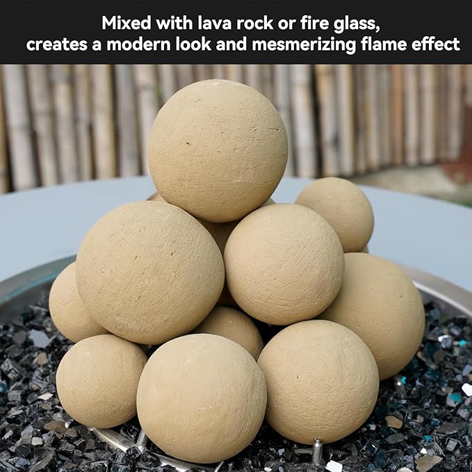 Skyflame 4-inch Ceramic Fireplace Balls, 12PCS Round Beige Fire Pit/Firepalce Insert Accessory for Indoor, Outdoor, Patio and Garden