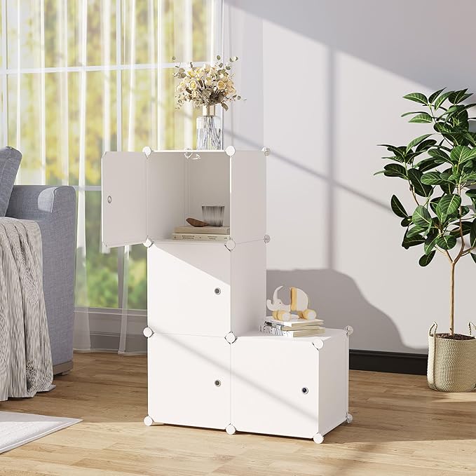C&AHOME Cube Storage Organizer with Doors, 4-Cube Shelves, Closet Cabinet, DIY Plastic Modular Bookshelf Ideal for Bedroom, Living Room, 24.8" L x 12.4" W x 24.8" H Milky USHS04M-DOOR