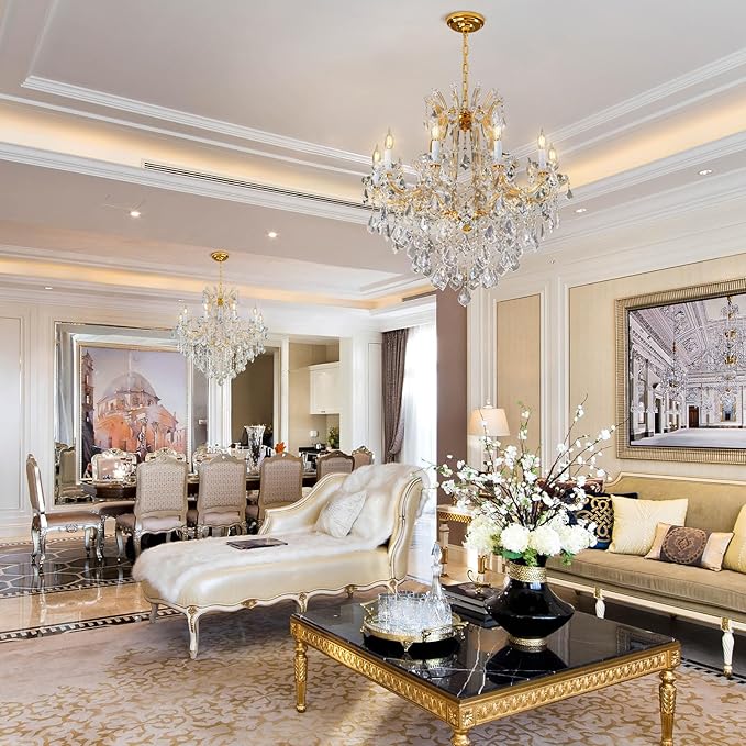 Modern Crystal Chandeliers, Gold Candle Chandelier -Luxury Chandelier Lighting Fixtures for Dining Room, Foyer, Staircase Hallway Living Room Entryway, 10 Lights