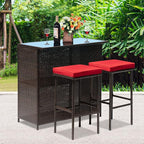 FDW Outdoor Furniture Set Wicker Bistro Set 3PCS Patio Bar Set with Two Stools for Patio Backyard Balcony,Red Cushion