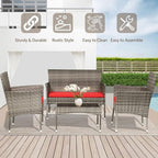 FDW 4 Pieces Outdoor Furniture Set Patio Conversation Set Wicker with Rattan Chair Loveseats Coffee Table for Outdoor Indoor Garden Backyard Porch Poolside Balcony,Gray Wicker/Red Cushions