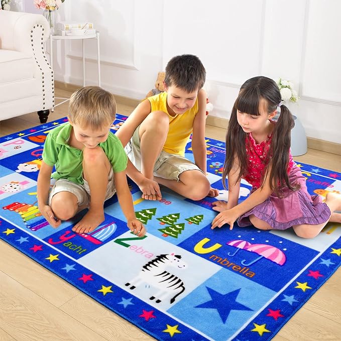 Terrug Kids Rugs ABC Alphabet Carpet Playmat, Word Educational Area Rug, Non Slip Cute Cartoon Daycare Supplies, Kids Gift for Playroom, Classroom, Bedroom and Nursery (3x5 Feet)
