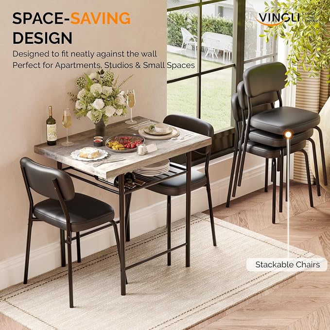 VINGLI Dining Table Set for 2, Small Kitchen Table Set with Upholstered Chairs, 3-Piece Dining Set with Storage Rack, Wood Dining Room Set with Metal Legs for Small Spaces, Living Room, Grey