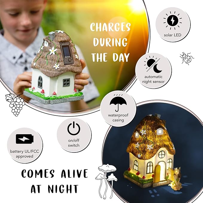 WILD PIXY Fairy Garden House - Glow in The Dark Fairy Cottage with Opening Door and Solar LED Light, Beautiful Miniature Garden Decoration for Indoor or Outdoor Fairy Gardens - 7.1" Fairy House