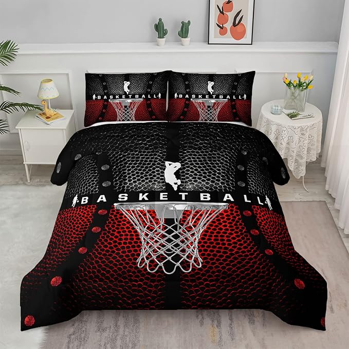 Axolotl Basketball Bedding Set for Boys Kids Teens,Soft Microfiber Black and Red Sports Theme Basketball Bedding Sets Full Size with 1 Comforter and 2 Pillowcases All Season