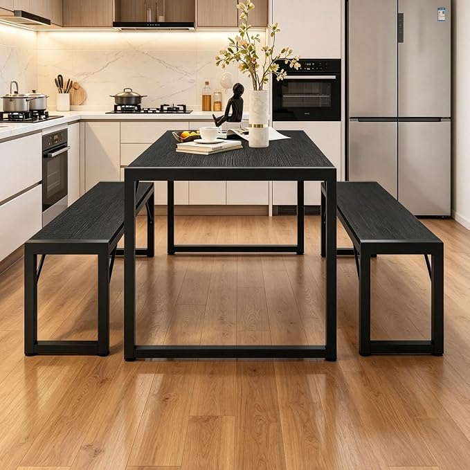 Bealife Dining Table Set for 4 with Metal Frame and MDF Board - Black | Space Saving Kitchen Table with 2 Benches, Kitchen Table Set for Apartment, Dining Room, Breakfast Nook