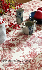 ISAENNE Designer French Linen Long Rectangle Tablecloth,Red Floral Washable Indoor Table Cloth,Durable Home Decor Tablecloths for Dining Thanksgiving Kitchen Party Christmas,63"*102"-Ruyi A