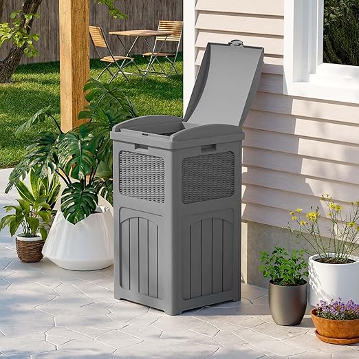 Patiowell 36 Gallon Outdoor Trash Can, Resin Outdoor Garbage Can with Lid for Patio, Backyard, Deck, Gray
