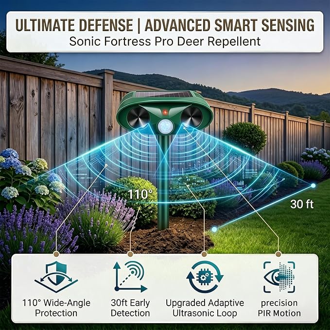 Ultrasonic Deer Repellent Device for Plants Garden Solar Animal Repellent Outdoor with Motion Activated for Rabbit Cat Deterrent Raccoon Squirrel Fortress Pro Keep Pest Out of Yard,4 Pack