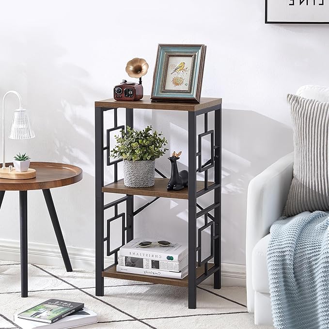 Small Bookshelf, 3 Tier Vintage Industrial Small Bookshelf for Small Spaces, Freestanding Open Shelf Bookcase, Versatile Bookcase for Home Office, Bedroom & Living Room, Retro Brown