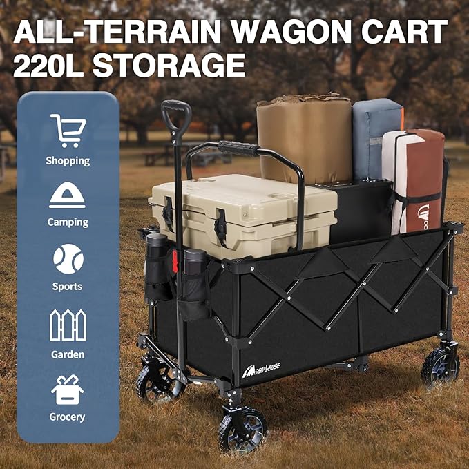 Moon Lence Large Collapsible Folding Wagon Cart Heavy Duty Folding Garden Portable Handy Cart with All-Terrain Beach Wheels, Adjustable Handle & Drink Holders (Black-New)