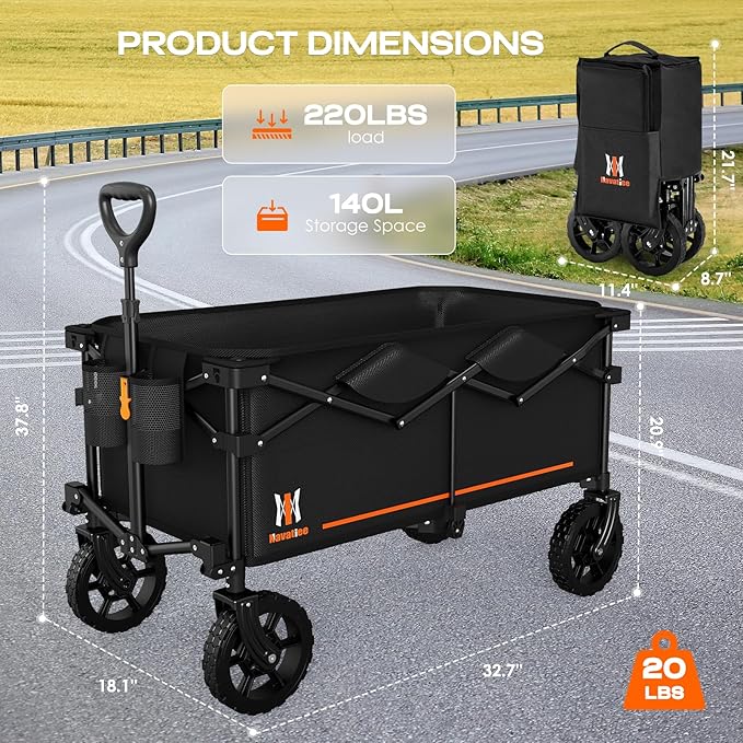 Navatiee 140L Collapsible Folding Wagon, Large Capacity Foldable Wagon with Silent All-Terrain Wheels, Utility Grocery Cart for Camping Shopping Outdoor, Black