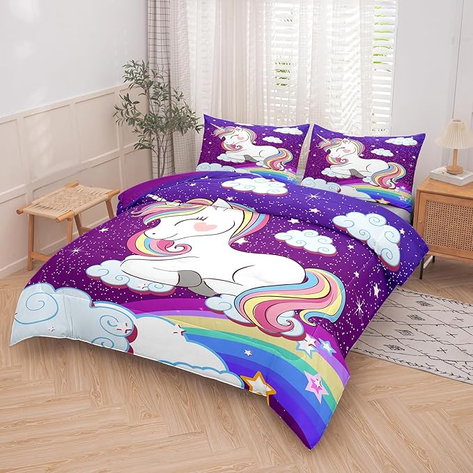 Tailor Shop Unicorn Bedding Sets for Girls Kids Teens,Purple Unicorn Comforter Sets Full Size with 2 Pillowcase…