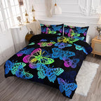 Axolotl Colorful Butterflies Bedding Set,Queen Size Kids Bed Set,Gradient Butterfly Comforter Set,1 Quilt with 2 Pillowcases for Boys Girls Kids Teens Children Adults Room Decor All Season,Black
