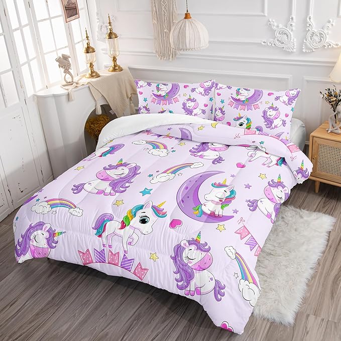 Axolotl Purple Unicorn Comforter Set Twin Size,Girls Bedding Set,Cute Unicorn Rainbow Bedding Set with Stars for Kids Girls Teens Adults Women,1 Comforter with 2 Pillowcase Unicorn Gifts for Girls