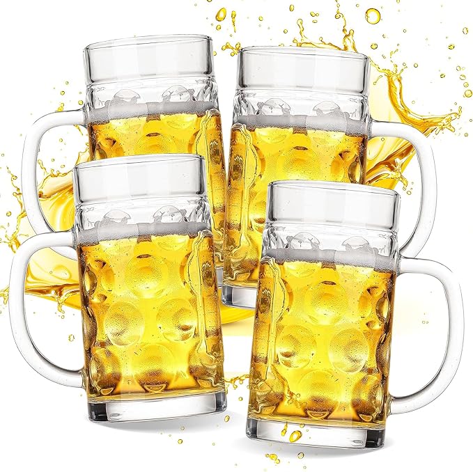 20oz Large Heavy e Glass Beer Mugs for Freezer Set of 4 with Handle, Large Glass Beer Stein, Beer Cup Mug for Water, Drinks, Lead-Free Glasses for Men in Pub, Home