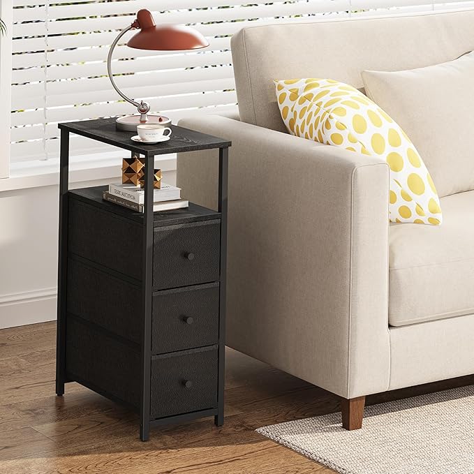 TUTOTAK Narrow Night Stand, Slim End Table, Tall Side Table with 3 Fabric Drawer, Small Bedside Table with Storage, Set of 2, for Living Room, Bedroom, Black TB01BK072