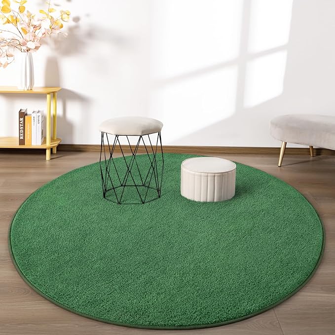 Round Area Rugs for Bedroom Living Room, 4x4 Green Super Soft Comfy Thickened Memory-Foam Indoor Circle Carpets, Modern Aesthetic Minimalist Carpet for Boys Girls Adults Nursery Home Décor