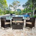 Goplus 4-Piece Rattan Patio Set, Outdoor/Indoor Wicker Conversation Set for Pool, Backyard, Lawn, Wicker Chairs and Sofa with Soft Cushion, Rattan Furniture with Tempered Glass Coffee Table