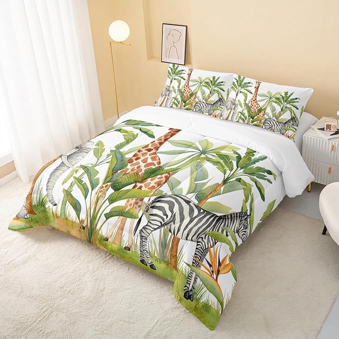 Wild Animal Comforter Twin Size,Elephant Giraffe Zebra Kids Comforter Set,3Pcs Bedding Set Printed Comforter with 2 Pillowcases,Down Alternative,Soft and Lightweight,for All Seasons