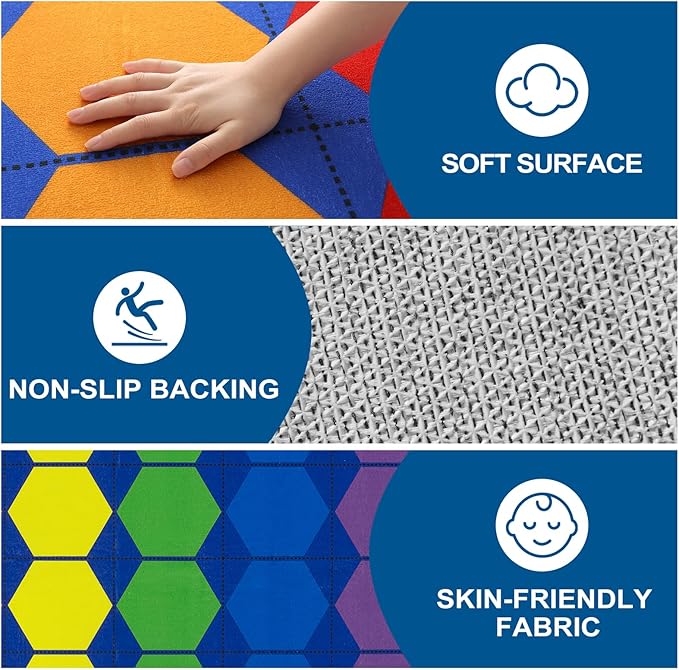 LIVEBOX Hexagon Kids Rug for Classroom, Washable Classroom Carpet for School, Nursery, Colorful Children's Classroom Area Rugs Non-Slip Playroom Mat for Daycare Learning,13'x7'5"(Seats-24)