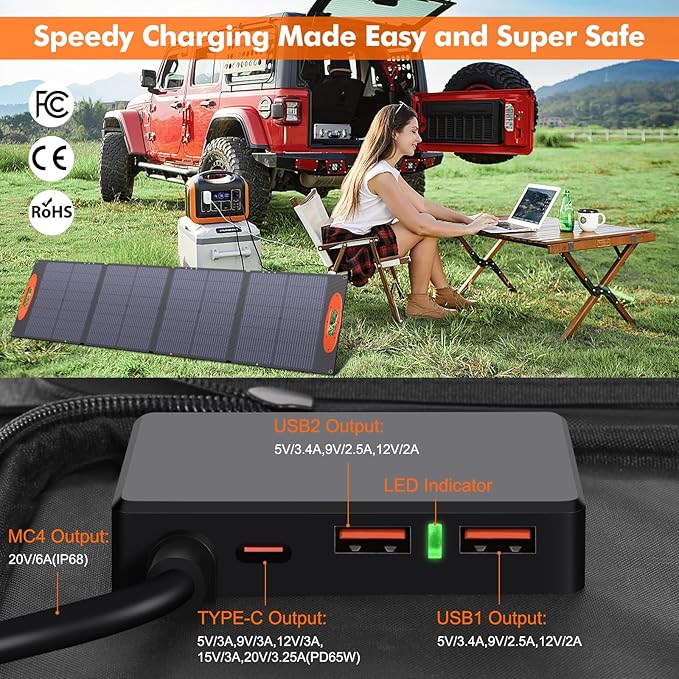 N-Type 16BB 120W Portable Solar Panel for EF/Jackery/Bluetti/Anker Power Station 25% High Efficiency Foldable Solar Panel Charger with QC3.0 USB-A &Type-C Output IP68 for Outdoor Camping RV