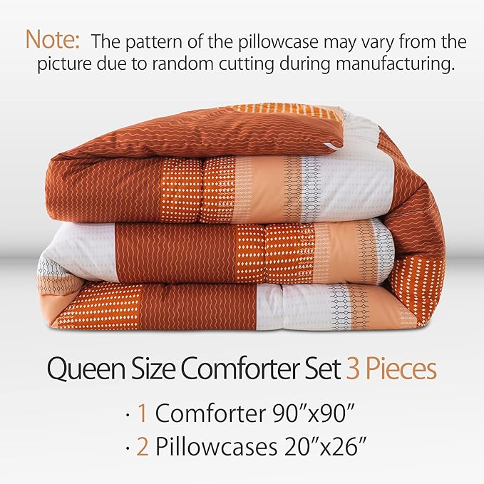 Andency Stripe Comforter Set Queen Size (90x90 Inch), 3 Pieces Terracotta Patchwork Striped Comforter, Soft Microfiber Down Alternative Comforter Bedding Set with Corner Loops