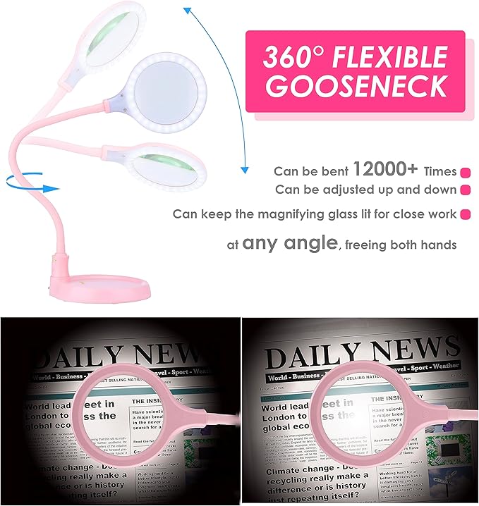 5X Magnifying Lamp，Lighted Magnifying Glass with Light and Stand Hands Free, Desk Magnifying Light, LED Magnifier Work Lamp for Women, Ladies, Kids Reading.