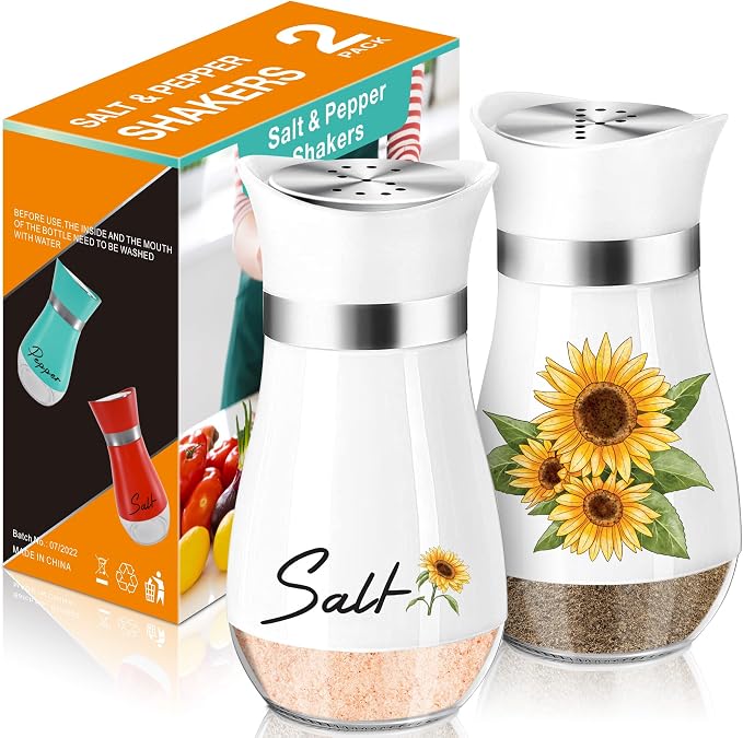 Sunflower Salt and Pepper Shakers - 4 oz Refillable Glass Farmhouse Set | Sunflower Glass Shakers Add Farmhouse Charm to Kitchen Tables And Suit Housewarming Gifts, Thanksgiving And Christmas Decor.