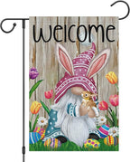 Welcome Easter Gnome Garden Flag 12x18 Double Sided Burlap, Funny Bunny Floral Small Yard Flag Banner for Holiday Farmhouse Outdoor Decor (ONLY FLAG)