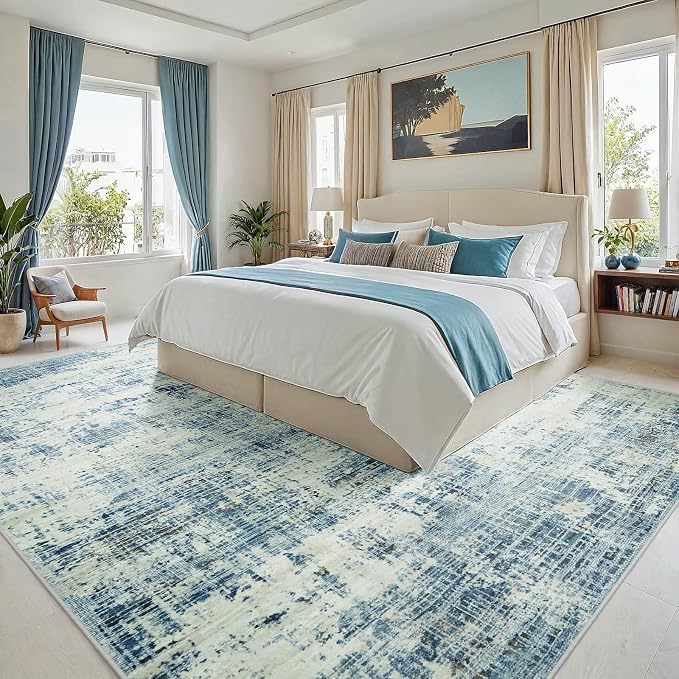 6x9 Washable Area Rug for Living Room Bedroom: Non-Slip Modern Blue Gray | Machine Washable TPR Backing, Stain-Resistant Low Pile, Pet & Kid Friendly, Abstract Decor for Dining Room, Dorm, Home Office