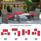 Shintenchi 4-Piece Outdoor Gray Wicker Patio Conversation Furniture Set, Rattan Patio Furniture Set with Weather Resistant Cushions and Tempered Glass Tabletop,Red