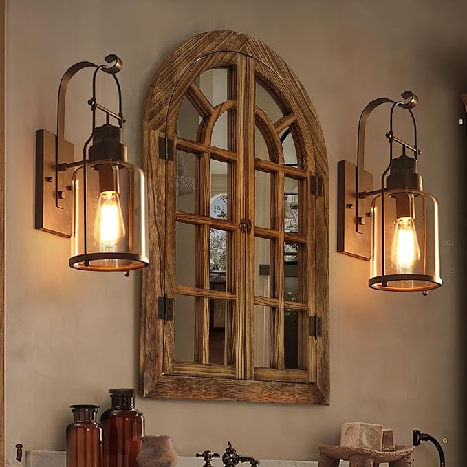 Window Mirrors for Wall Decor -Arched Wall Mirror Farmhouse Wall Decor Wood Frame Decorative Wall Mirrors Like Window for Bedroom, Living Room, Entrance, Dining Room